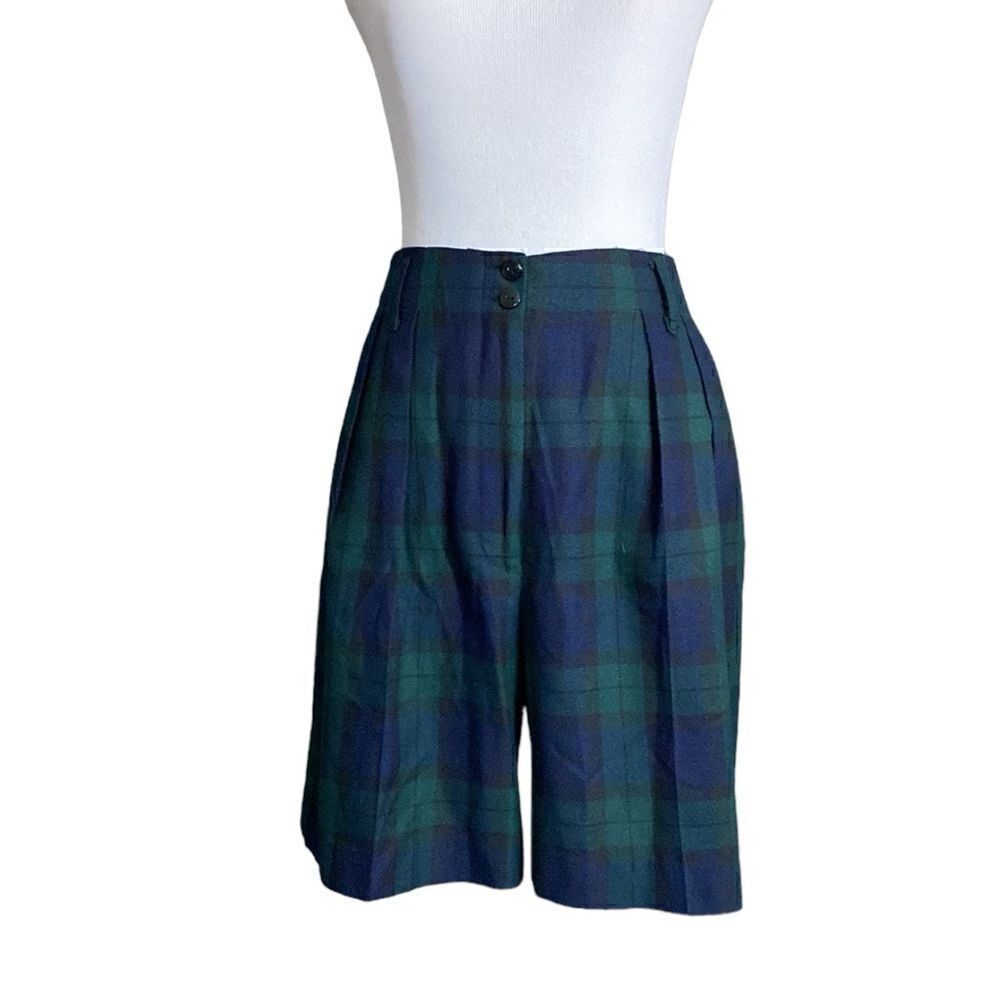 Vintage Express Tartan Plaid High Waisted Shorts Blue Green 90s